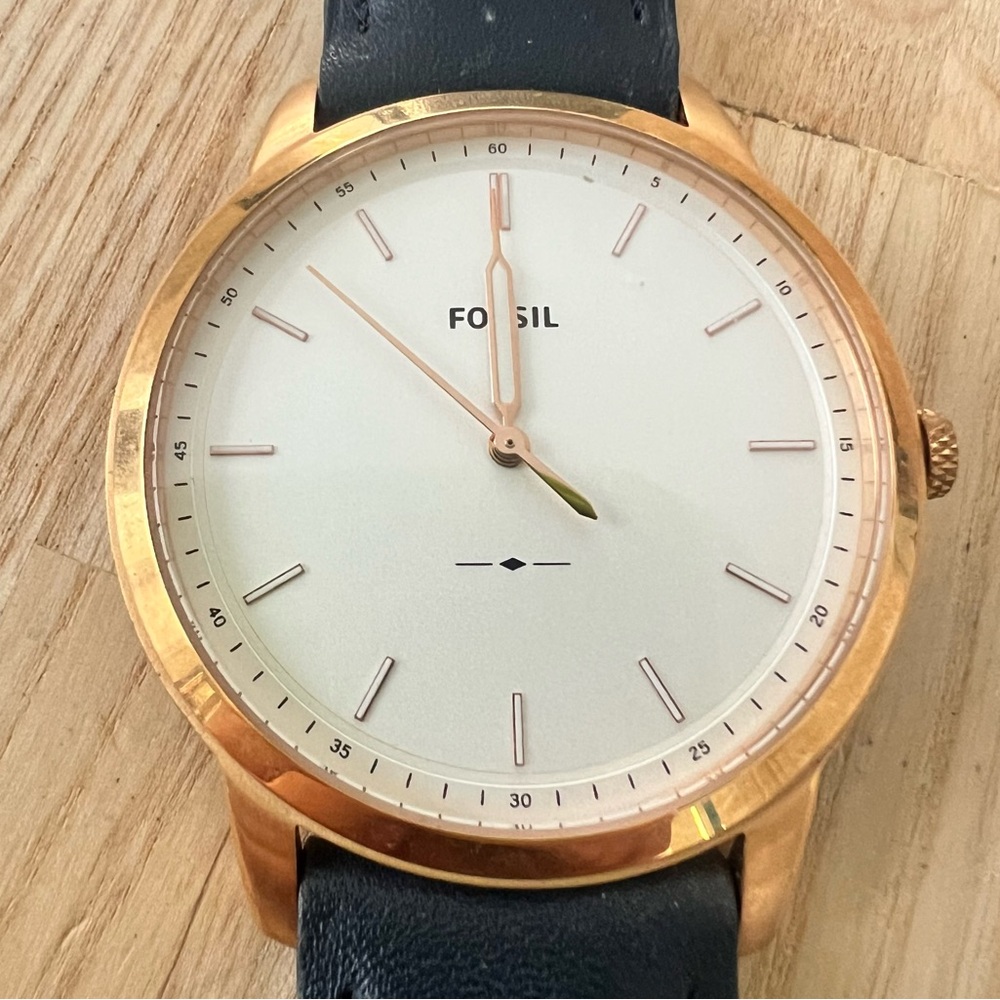 Fossil mens minimalist rose gold tone blue leather dress watch NEW BATTERY